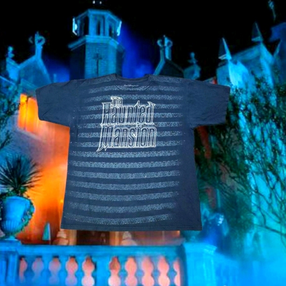 The Haunted Mansion Disneyworld Navy Blue Striped Wallpaper Shirt - Picture 1 of 4